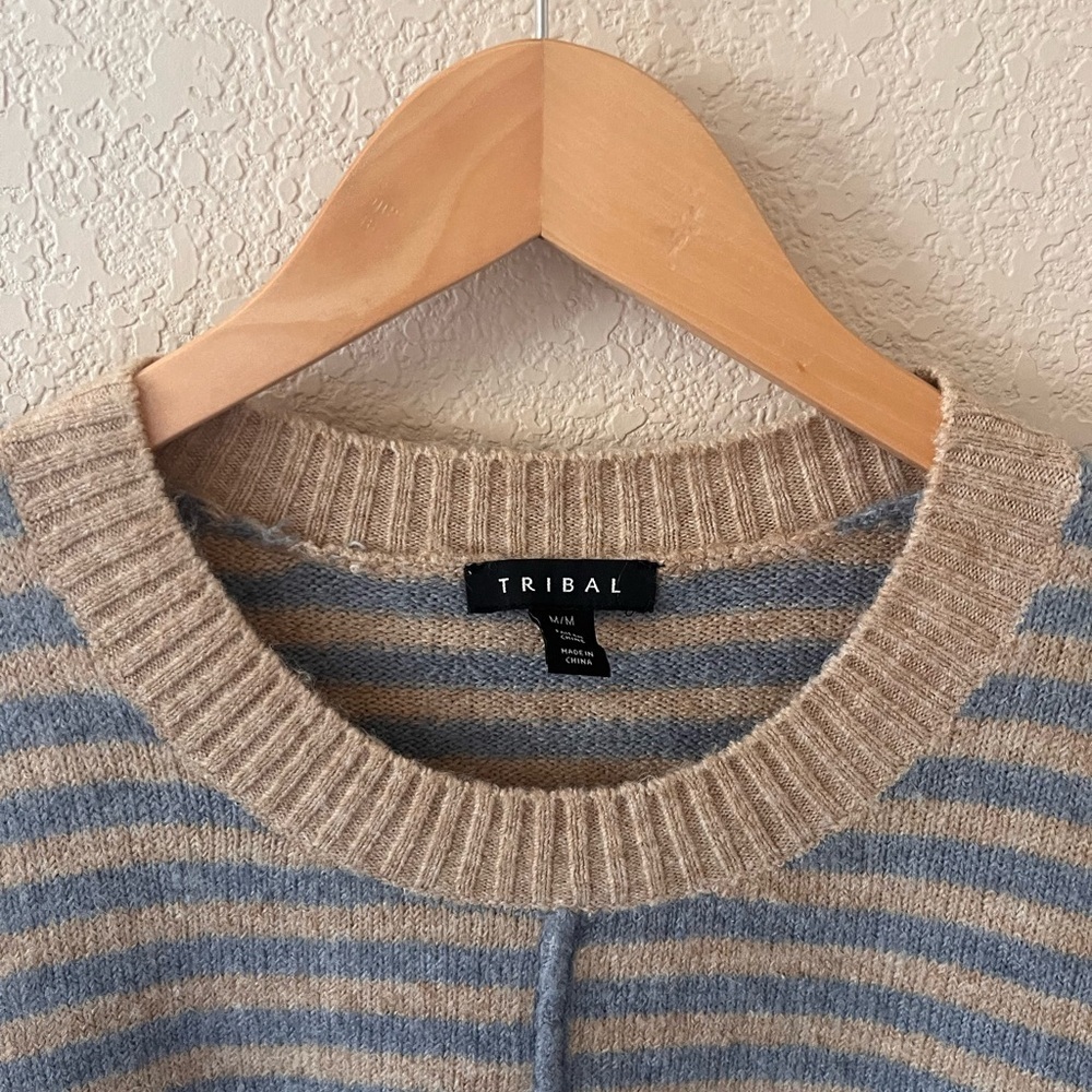 Tribal Women’s Blue and Tan Striped Crewneck Sweater - Picture 6 of 9